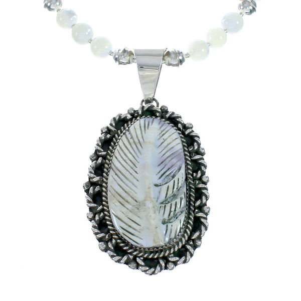 Native American Sterling Silver Mother of Pearl Bead Necklace Feather Pendant XS10042